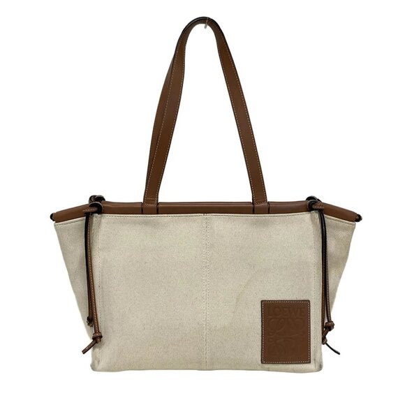 Auth LOEWE Cushion Tote Cream Brown Canvas Leather Tote Bag - Picture 1 of 13